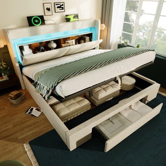 FloraGrace Gestoffeerd Bed 180x200 cm - Met Led, Usb En Usb C - Hydraulische Opbergruimte En Lade - Zonder Matras - Beige