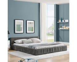 Wishdor - Tweepersoonsbed 160x200 Cm - Chenille Bekleding Met Plooien - Eucalyptushout En IJzeren Frame - Donkergrijs