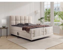 Elektrische Boxspring 180x200 cm Complete Set – Tweepersoons Boxspringbed met Elektrische Verstelbare Bedbodems, Pocketvering Matrassen en Topmatras – Bouclé/Teddy Stof Beige Luxe Hotel Boxspring – Depauw