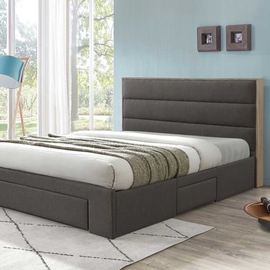 Tweepersoonsbed Toba 180x200 met lades - grijs/eik - Poldimar - Tweepersoons gestoffeerd bed - Grijs - Textiel; Polyester Tweepersoons Normaal bed