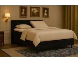 Boxspring vlak Pisa met topmatras 160x200 cm Luxe Pocketvering Stof zwart Gratis 2x Hoofdkussens