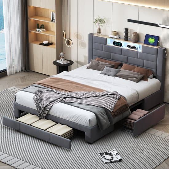 Bed 160x200 cm met USB & Type-C, LED Verlichting, 3 Lades, Massief Houten Tweepersoonsbed met Lattenbodem, Opbergruimte Jeugd- & Slaapkamerbed, Grijs Linnen