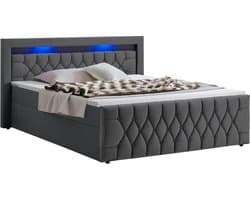 Juskys Boxspringbed Leona - 180 x 200 cm - Grijs - Incl. LED verlichting