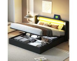 Gepolsterd Bed - 160x200 cm - Met LED en Bluetooth - USB en Lattenbodem - PU-Leder - Zwart