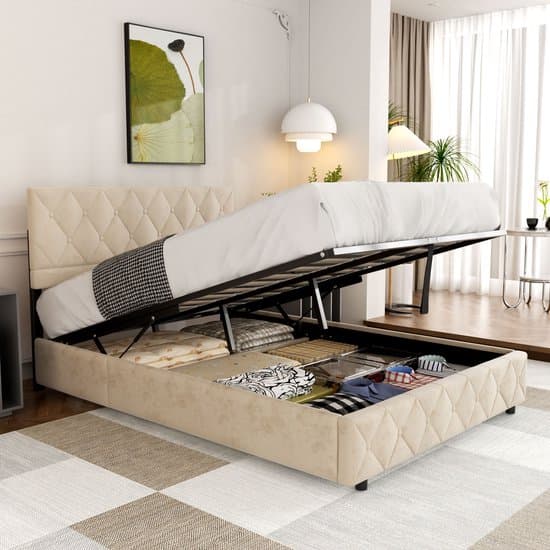 REDOM Gestoffeerd Opklapbed met Opbergruimte (140x200 cm) - Hydraulisch Tweepersoonsbed - Velvet / Ruitpatroon - Beige