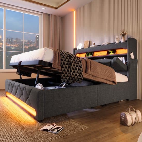 MODFU Ledikant 160x200 cm – grijs linnen – 360° LED, USB/Type-C, opbergruimte en matras