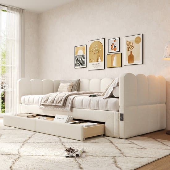 REDOM Uitschuifbaar Daybed – 90x200 cm tot 180x200 cm – Met 2 Opberglades – USB & Type-C – Linnen – Beige