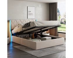 Tweepersoonsbed 140x200 cm met LED-verlichting, Hydraulisch opbergbed met lattenbodem en opbergruimte, fluweel