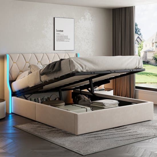 Tweepersoonsbed 140x200 cm met LED-verlichting, Hydraulisch opbergbed met lattenbodem en opbergruimte, fluweel