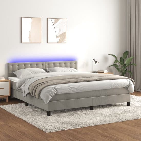 vidaXL - Boxspring - met - matras - en - LED - fluweel - lichtgrijs - 160x200 - cm