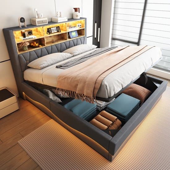 MODFU Ledikant 180x200 cm – linnen grijs – met LED via app, USB en hydraulische opbergruimte – modern design