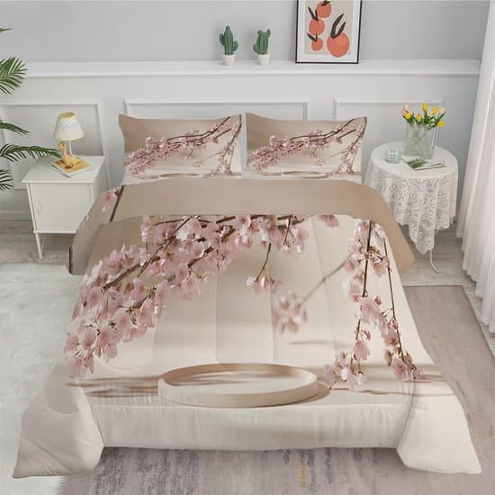 Luxe Tweepersoons Dekbed 240 x 260 cm Beige met Bloemmotief voor Alle Seizoenen Wasbaar