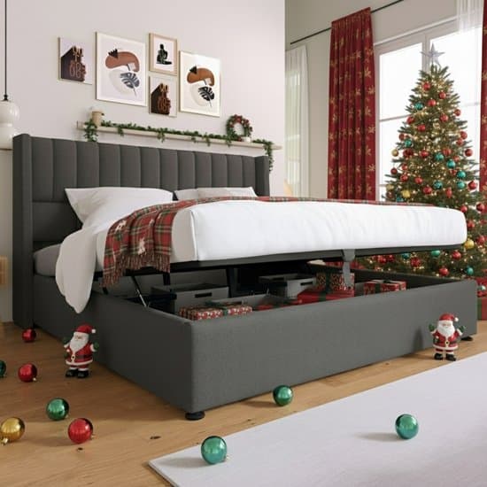 KOMHTOM Tweepersoonsbed 160x200 cm Opbergbed Hydraulisch met metalen lattenbodem Linnen Grijs