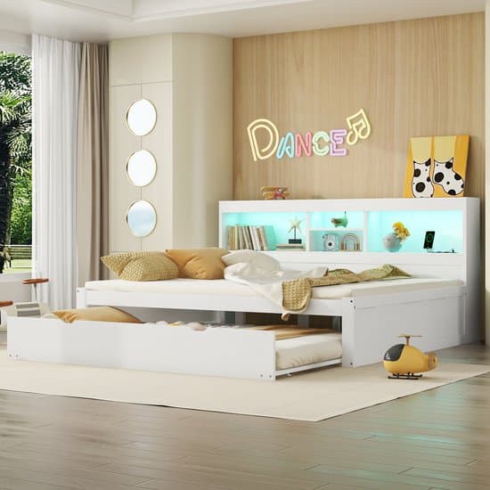 Wishdor – Slaapbank 140x200 cm – Met Uitschuifbed, LED & USB – Inclusief Opbergvak – Smart & Flexibel – Spaanplaat & MDF – Wit