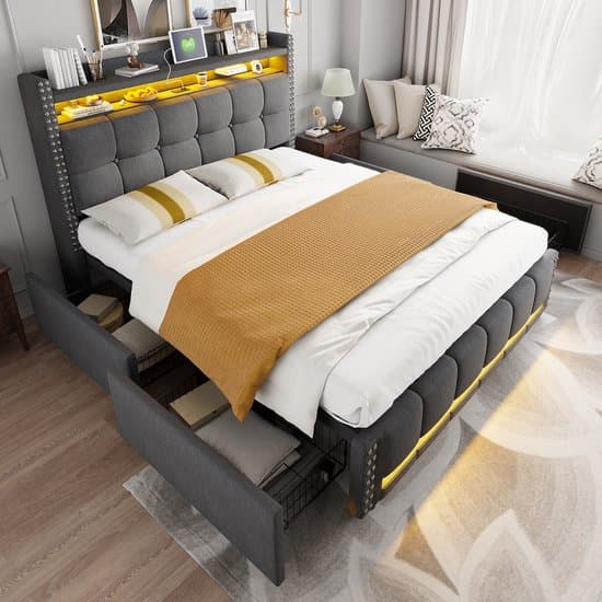 MODFU Ledikant 140x200 cm – linnen grijs – met LED, USB en grote opberglade – elegant design