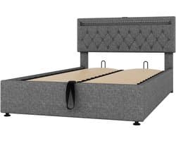 Gestoffeerd bed Tweepersoonsbed 140×200cm Zonder Matras Met Verstelbare LED-sfeerverlichting, Oplaadpoorten en Hydraulische Opbergruimte Zacht Comfortabel Linnen Modern Minimalistisch Slaapkamer 210 x 153 x 97,5 cm Grijs