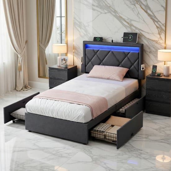 Aurora Luxe Bed 180x200 cm met LED-verlichting, 4 Laden, USB & USB-C Laadstation, Verstelbaar Gevoerd Hoofdeinde – Modern Tweepersoonsbed Metaal & Linnen – Opbergruimte en Functionaliteit | medahomestore