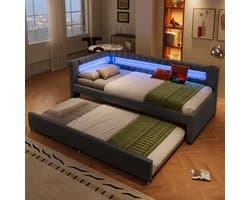 Daybed, daybed, slaapbank, 90 x 200 cm, bed met op afstand bedienbare LED-lichtstrip aan het voeteneinde, uitschuifbaar bed (zonder matras), USB + Type-C, linnen, grijs