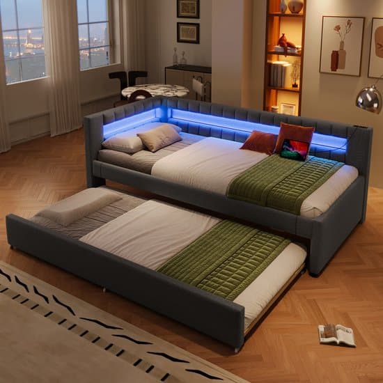 Daybed, daybed, slaapbank, 90 x 200 cm, bed met op afstand bedienbare LED-lichtstrip aan het voeteneinde, uitschuifbaar bed (zonder matras), USB + Type-C, linnen, grijs