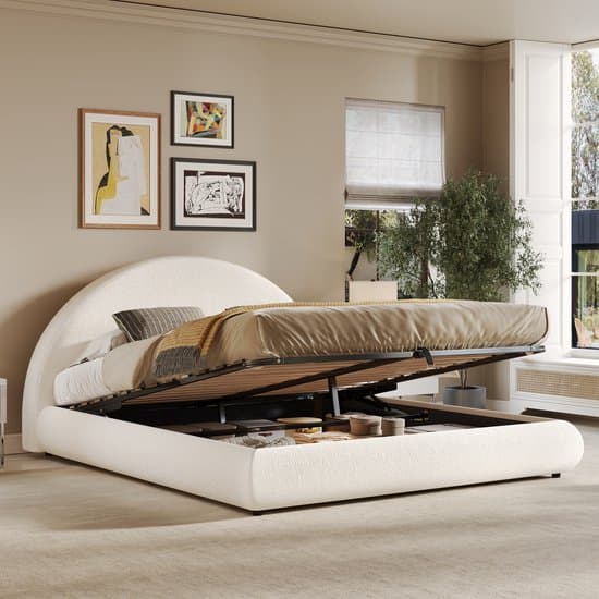 OKWISH Gestoffeerd Bed 180x200cm – Hydraulische Hefbodem – Met Grote Opbergruimte En Lattenbodem – Zonder Matras – Bouclé – Wit