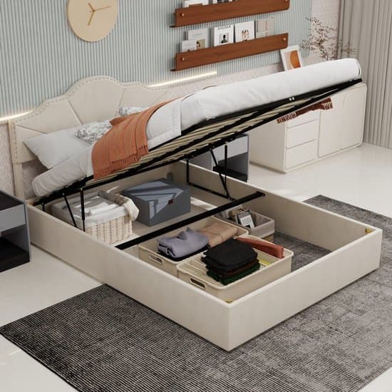 Boxspringbed – Bedframe – Tweepersoonsbed – Slaapbed – Opbergbed – Hydraulisch Liftmechanisme – Metalen Frame Beige 160x200cm