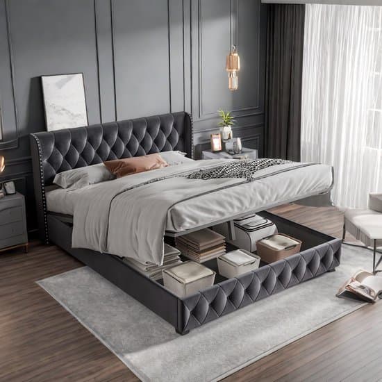 Gestoffeerd bed met lattenbodem en hoofdeinde, 160 x 200 cm, boxspringbed met veel opbergruimte, voor volwassenen en tieners, fluweel, donkergrijs, zonder matras (verzending in 2 pakketten)