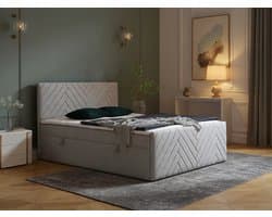 Makana Luxe Complete Boxspring Bedset 160x200 cm – Ysmée Design Bed met Pocketvering Matras (540 Veren) + Topmatras, 2 Opbergruimtes met Gaslift, Fluwelen Lichtgrijze Hotel Boxspring –Novihome