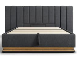 Hydraulisch Opbergbed 180x200 cm met 360° LED-verlichting, 3 USB-poorten + Type-C Snellaadfunctie, Hoog Draagvermogen 300 kg, Linnen & Metaal – Luxe Smart Storage Bed Abkantoor