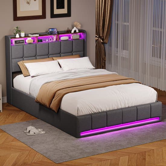 Opbergbed 140x190 cm met LED & USB – Tweepersoonsbed met Opberg Hoofdeinde & Lattenbodem, voor Tieners en Volwassenen, Grijs Linnen (Zonder Matras)