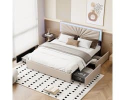 Gestoffeerd bed 160x200 cm met LED-hoofdeinde, tweepersoonsbed met lattenbodem en 4 lades, bedframe voor volwassenen en tieners, zonder matras, linnen beige