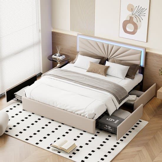 Gestoffeerd bed 160x200 cm met LED-hoofdeinde, tweepersoonsbed met lattenbodem en 4 lades, bedframe voor volwassenen en tieners, zonder matras, linnen beige
