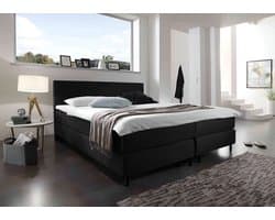 Beddenbriljant Boxspring Bravo - 180x200 - Zwart - Bonellvering - Skai - Kunstleer - Inclusief Topper - Bed compleet