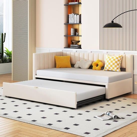 L-vormige slaapbank 90/180 x 200 cm – uittrekbaar tweepersoons bed – 188 x 208 x 75 cm – fluwelen hoekbank met logeerbed & dagbed – ruimtebesparend multifunctioneel ontwerp – beige – Laura