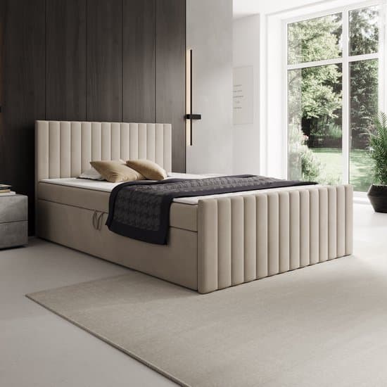 Meubella - Tori - Boxspring met opbergruimte - Stof beige - 140x200 cm