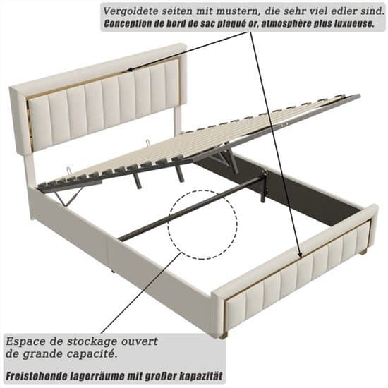 Bedframe – Bed – Bedbodem – Ledikant – Slaapkamermeubel – Beige 140x200 cm – Fluwelen Bekleding – Hydraulische Opbergruimte