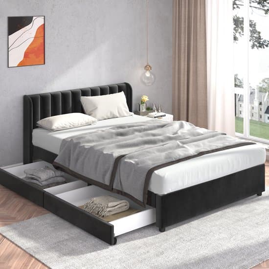 Gestoffeerd bed met lades - 160 x 200 cm - Tweepersoonsbed - Opbergbed met opbergruimte - Zonder matras - Zwart