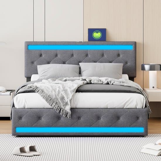 Gestoffeerd bed 140x200 cm met LED en USB, tweepersoonsbed met 4 laden, boxspring bed met opbergruimte en lattenbodem, jeugdbed rugleuning bedframe, zonder matras, linnen grijs