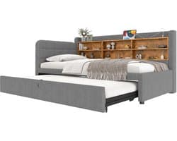 Merax Logeerbed 90x200 - Uitschuifbaar Slaapbank Design 180x200 - Gestoffeerd in Linnen - USB en Type-C Opladen - Met Houten Lattenbodem - Grijs