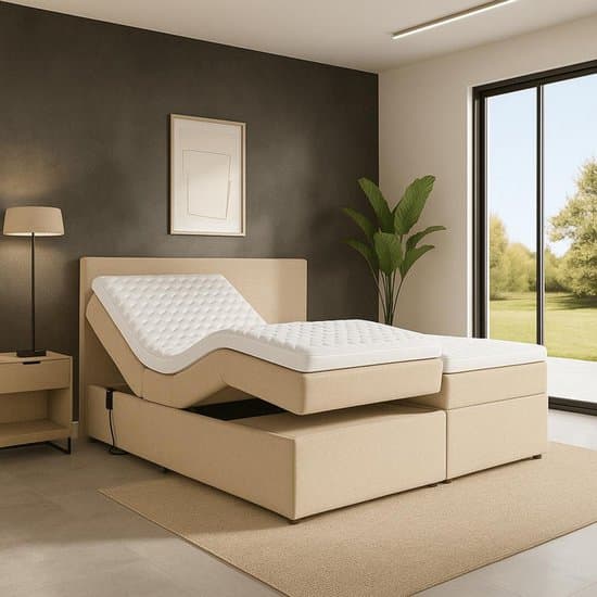 Boxspring Napoli Elektrisch verstelbaar Luxe pocketvering Stof 180x200 cm beige Gratis 2x Hoofdkussens