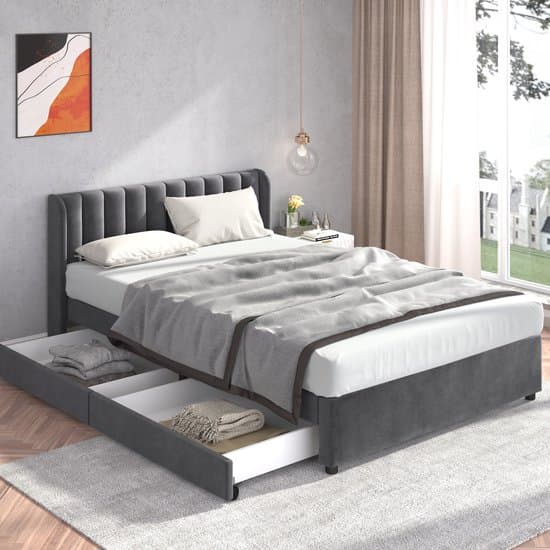 STILVORA Gestoffeerd bed 160x200 cm – Tweepersoonsbed met lattenrost & 2 lades – Hoog hoofdeinde voor comfortabel lezen – Fluweel – Grijs – Zonder matras