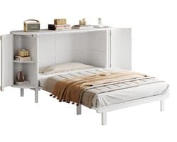 Merax Wandbed 140x200 cm - Kastbed / Opklapbed - Ruimtebesparend Murphy Bed - Houten Lattenbodem Inbegrepen - Opbergvakken Links en Rechts - Rattan Look Deuren - Wit - Zonder Matras