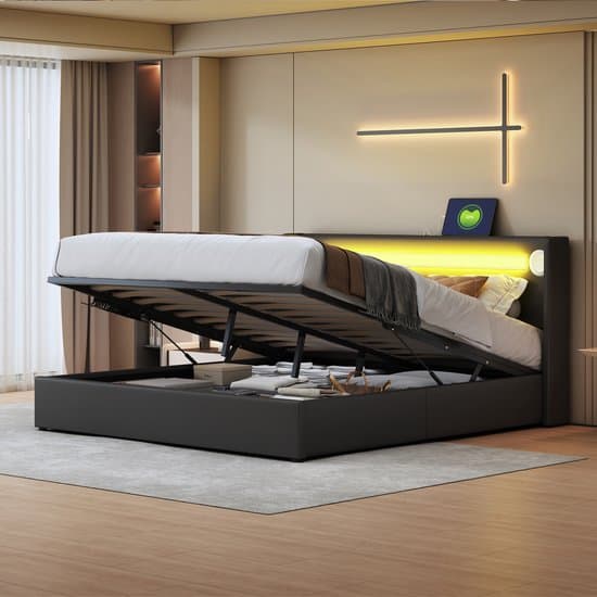 Wishdor – Gestoffeerd bed – Bluetooth, LED & 2 USB – Hydraulisch – PU-leer zwart – 160x200 cm