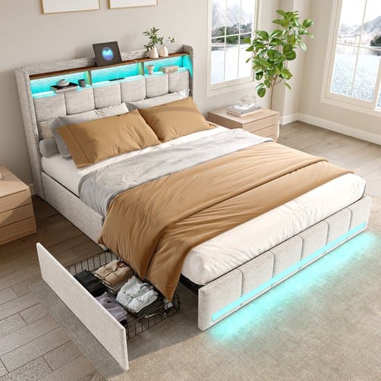 Gestoffeerd tweepersoonsbed 140x190 cm met LED's en USB - Modern opbergbed met hoofdeinde, lattenbodem, 4 opberglades - Perfect voor volwassenen en tieners - Beige linnen (zonder matras)
