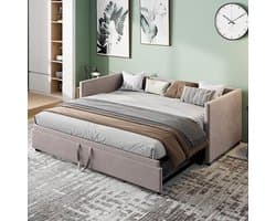 Luxe Uitschuifbare Slaapbank 90/180x200 cm – 2-Persoons Daybed met Lattenbodem, Rugleuning & Armleuningen – Multifunctionele Sofa Bed van Fluweel – Ruimtebesparend – Grijs House&Garden