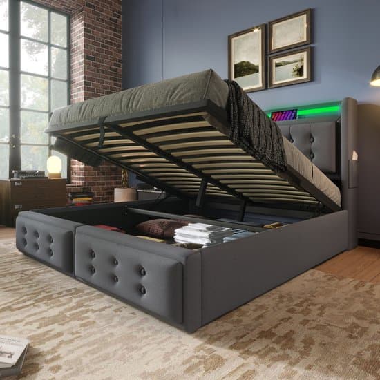 REDOM Opbergbed 140x200 cm – Katoen-linnen – Hydraulisch – LED & stopcontacten/USB – Grijs – 300 kg