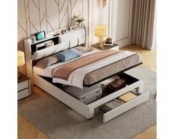 BursDany Opbergbed 160x200 cm met LED en USB, gestoffeerd tweepersoonsbed met laden, opbergruimte en lattenbodem, voor volwassenen en tieners, zonder matras, fluweel beige