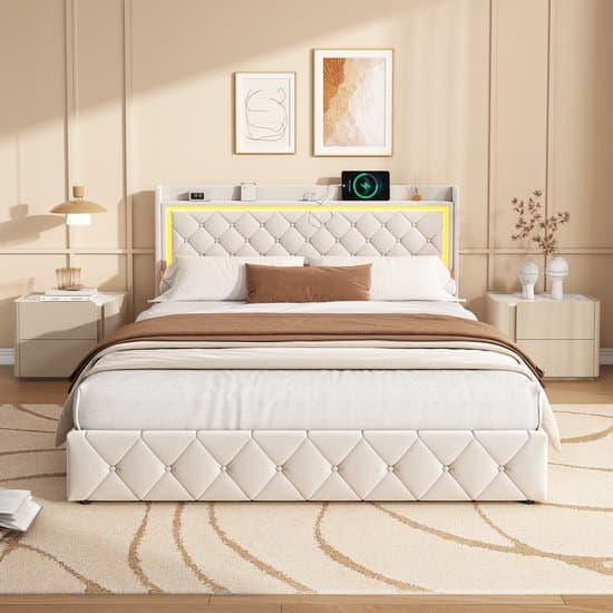 Beige Fluwelen Bed 140x200 cm met LED, USB & Type-C – Tweepersoonsbed met 4 Laden & Opbergruimte – Modern Luxe Bed voor Slaapkamer