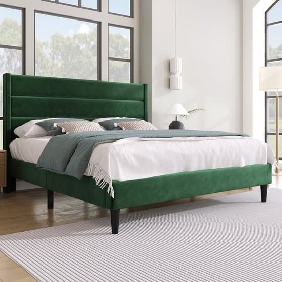 Polsterbed - 140 x 200 cm - Bedframe met lattenbodem & hoofdsteun - gewatteerd tweepersoonsbed - stofafwerking fluweel in donkergroen - tijdloos modern design - jeugdbed