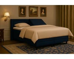 Boxspring vlak Pisa met topmatras 140x200 cm Luxe Pocketvering Stof donkerblauw Gratis 2x Hoofdkussens