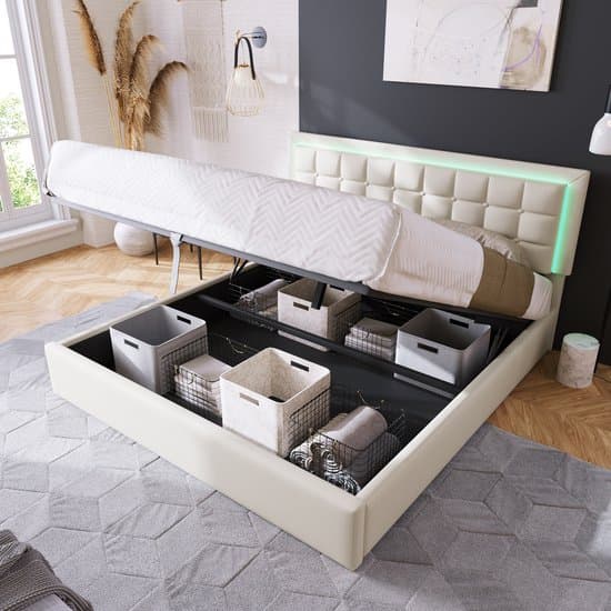 STILVORA Gestoffeerd Bed 140x200 cm - Bed Met Lades En LED-Beleuchtung - Praktisch Stauraumbed - PU - Wit